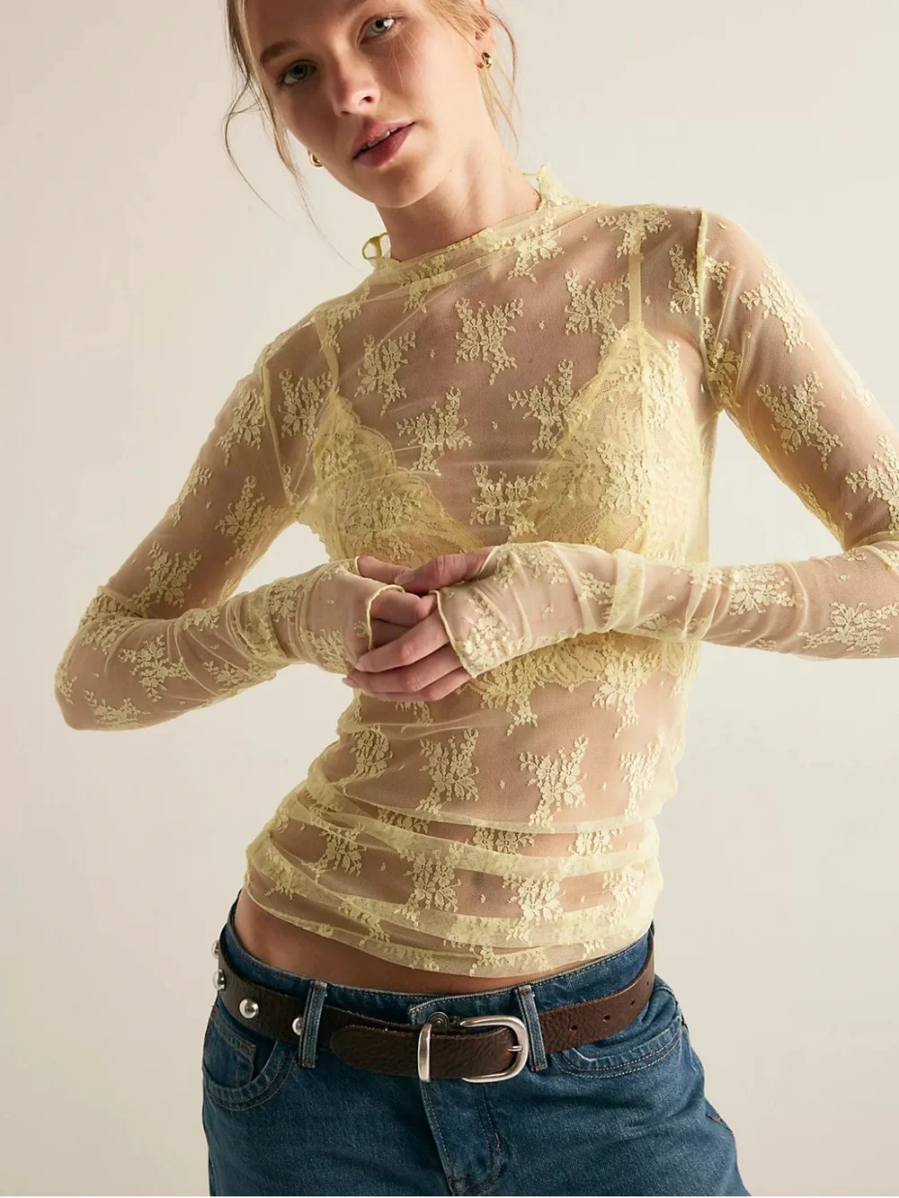 Free People Lux Layering Sheer Lace Long-Sleeve Top in Pale Yellow